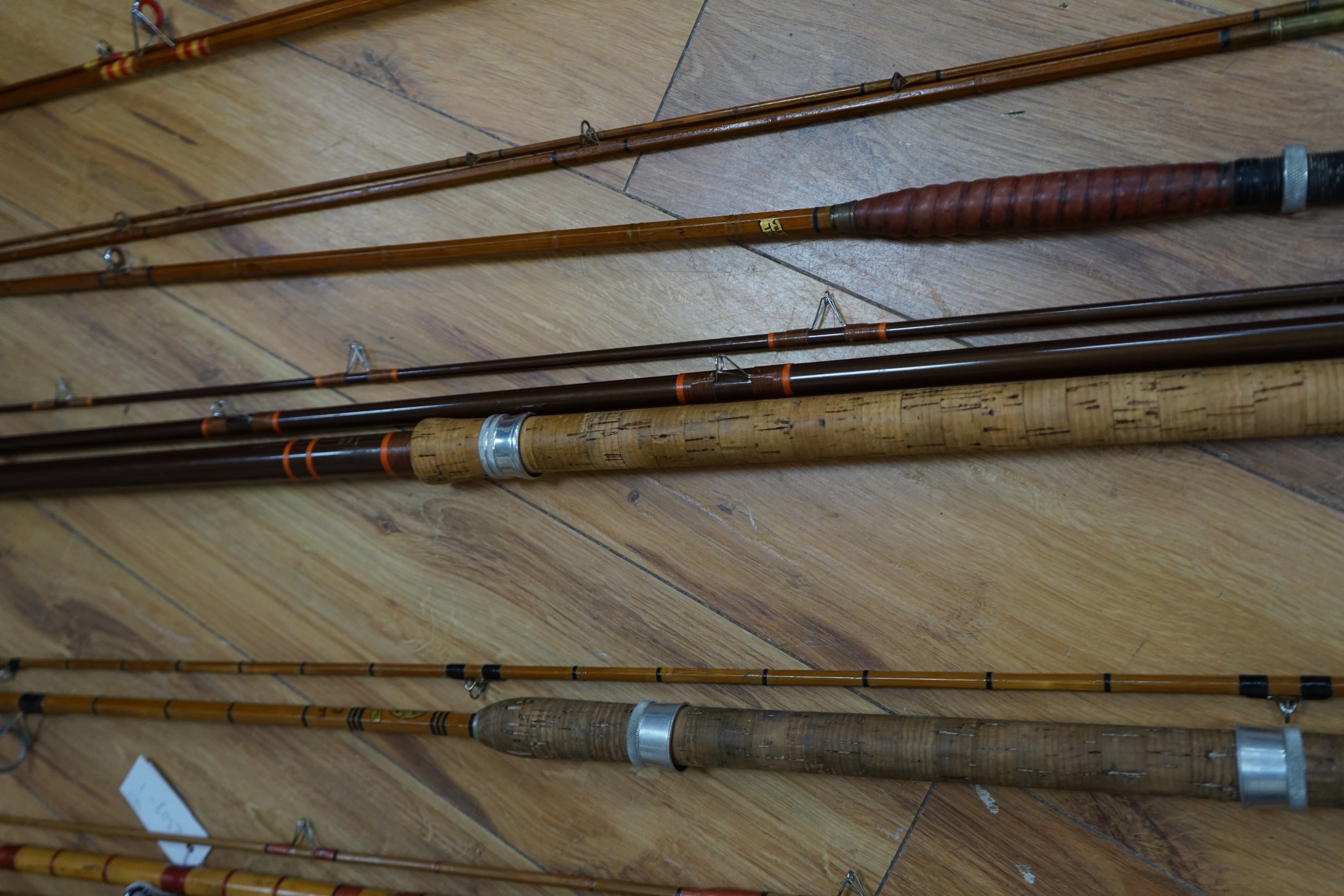 A collection of mixed split cane fishing rods, Les Compton, Elasticane, Carton-James and another (4)